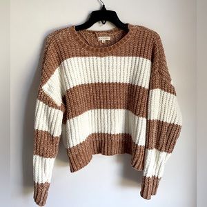 Pac-Sun Striped White & Oatmeal Brown Cable-Knit Sweater